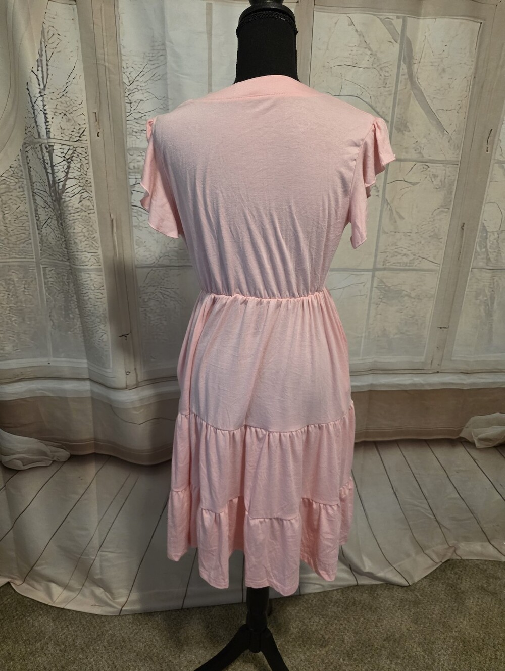 Soft Pink Tiered V-Neck Women's Dress - Picture 3 of 5